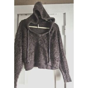FREE‎ PEOPLE light as a feather Gray furry sweater w hood drawstring woman Sz S